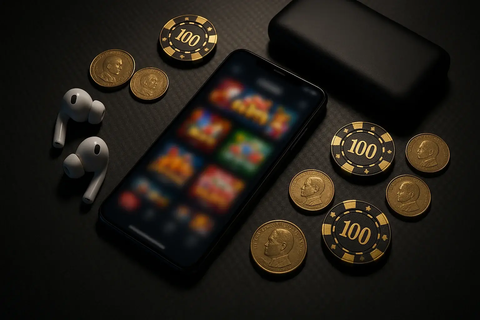 Ultra-realistic flat-lay of Android casino app with chips and peso coins
