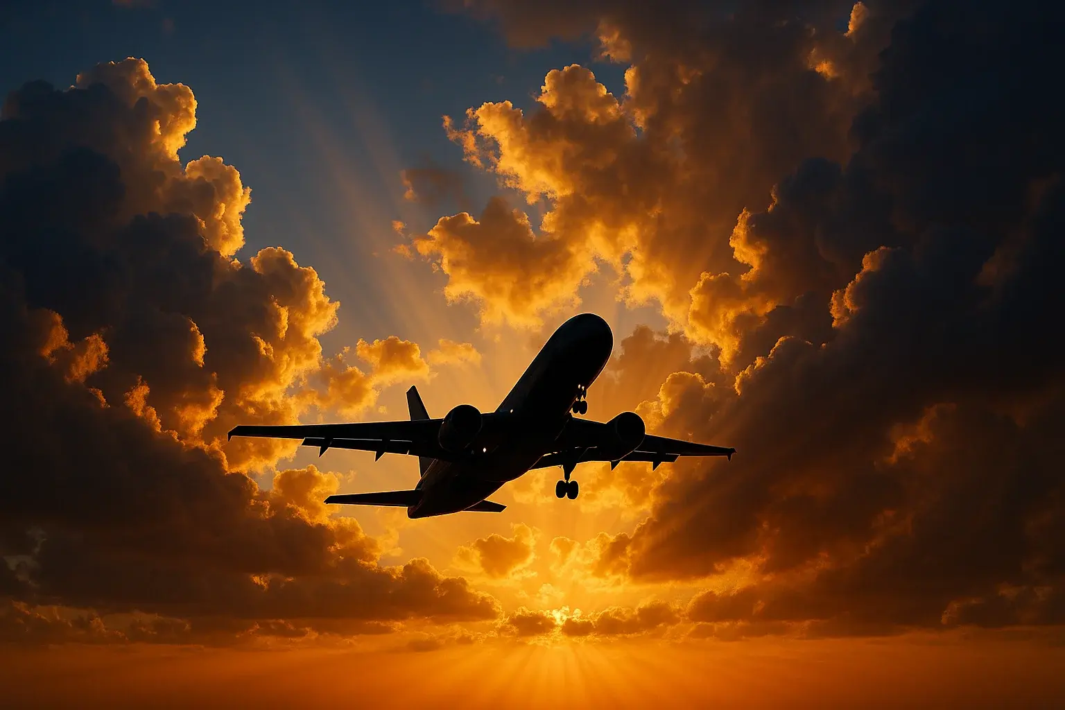 Modern airplane silhouette ascending through golden-hour clouds with dramatic sun rays
