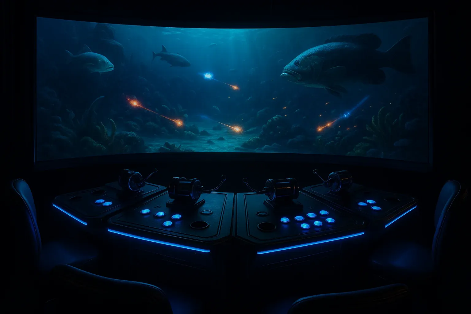 Ultra-realistic fishing game arcade cabinet in a Philippine casino with curved screen