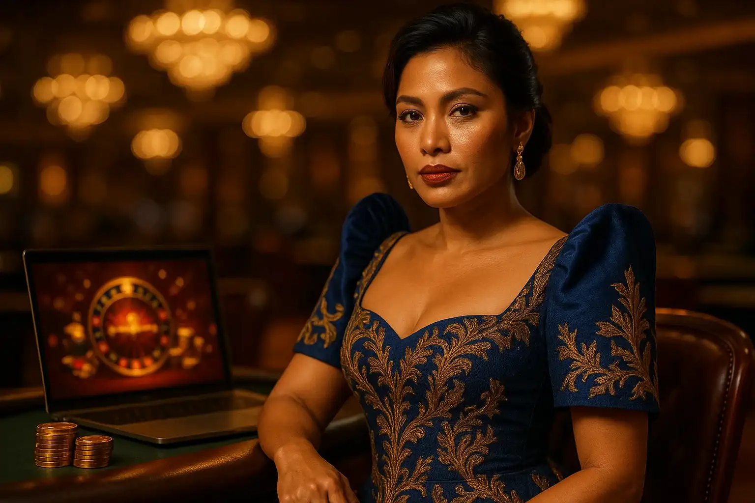 Glamorous Filipino woman in royal blue gown at VIP casino lounge with laptop