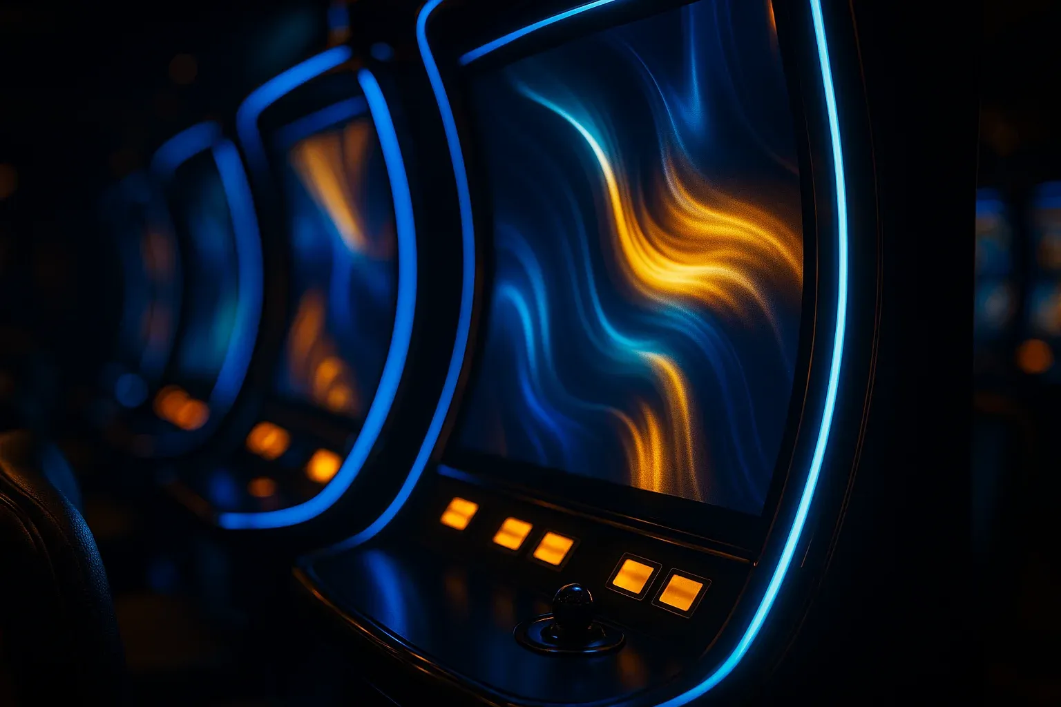 Ultra-realistic curved slot screens glowing in a dark premium casino lounge