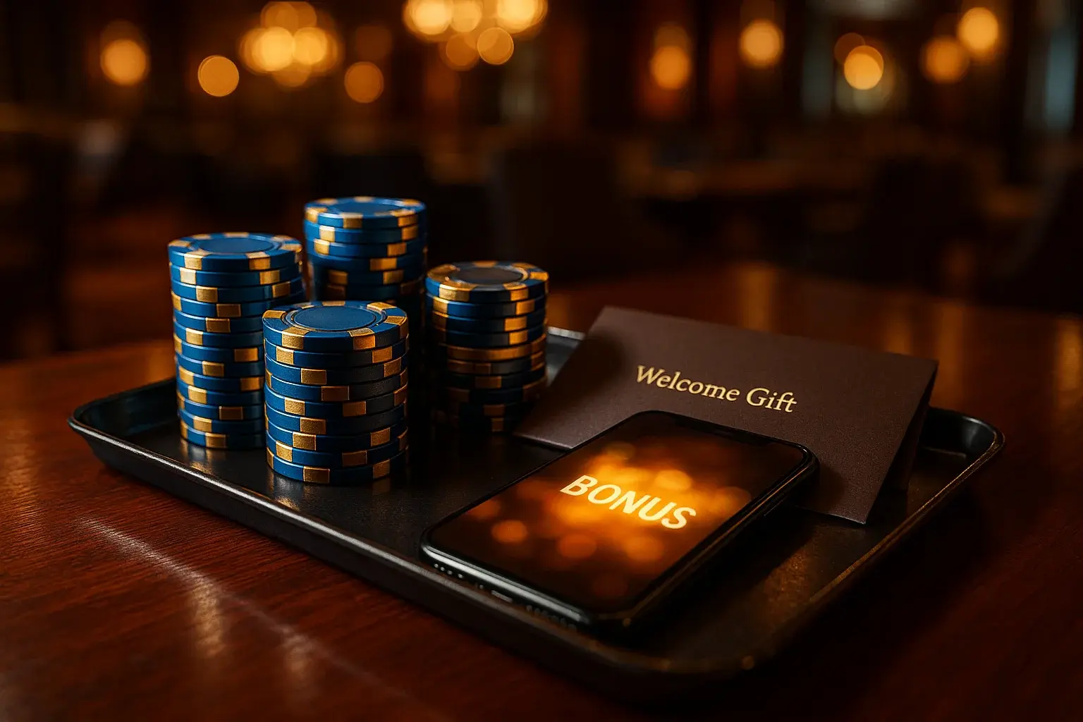 VIP casino bonus tray with chips, gift envelope, and smartphone in Manila lounge