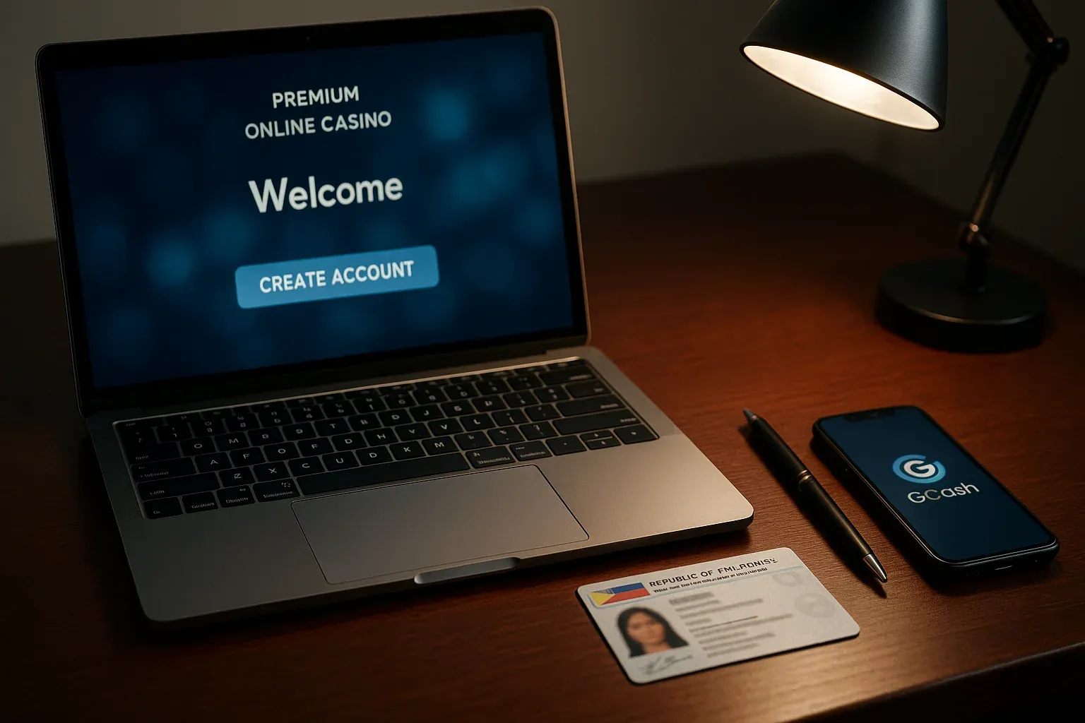 Premium online casino registration on laptop with ID card and smartphone