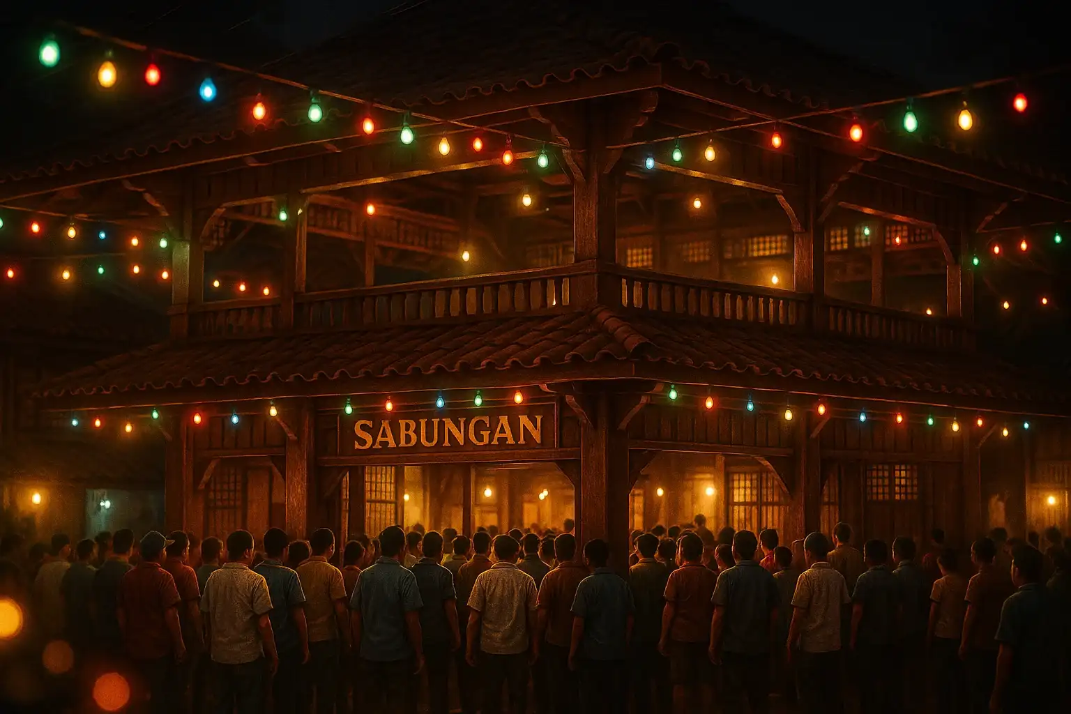 Ultra-realistic night photo of Philippine sabong venue with festive lights and crowd