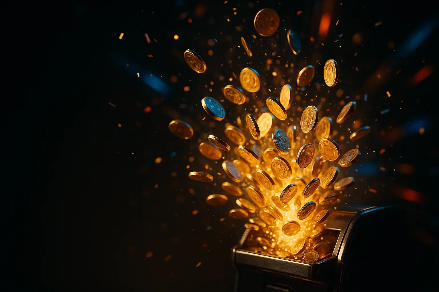 Golden coins bursting from slot machine tray with confetti and light streaks
