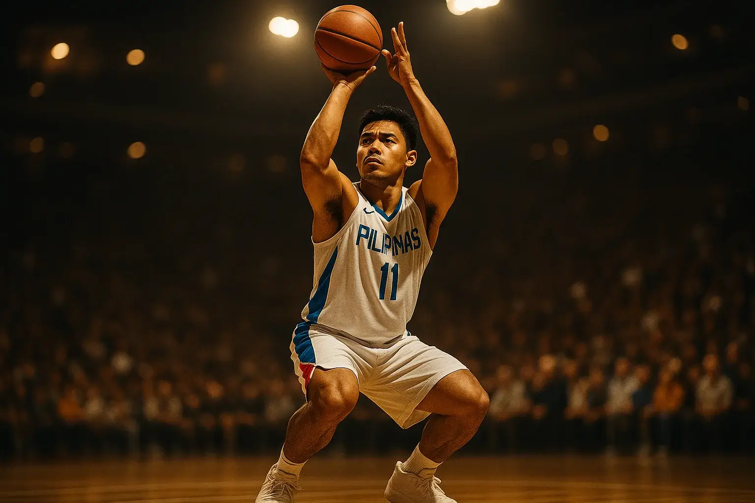 Filipino basketball player shooting a free throw under arena lights